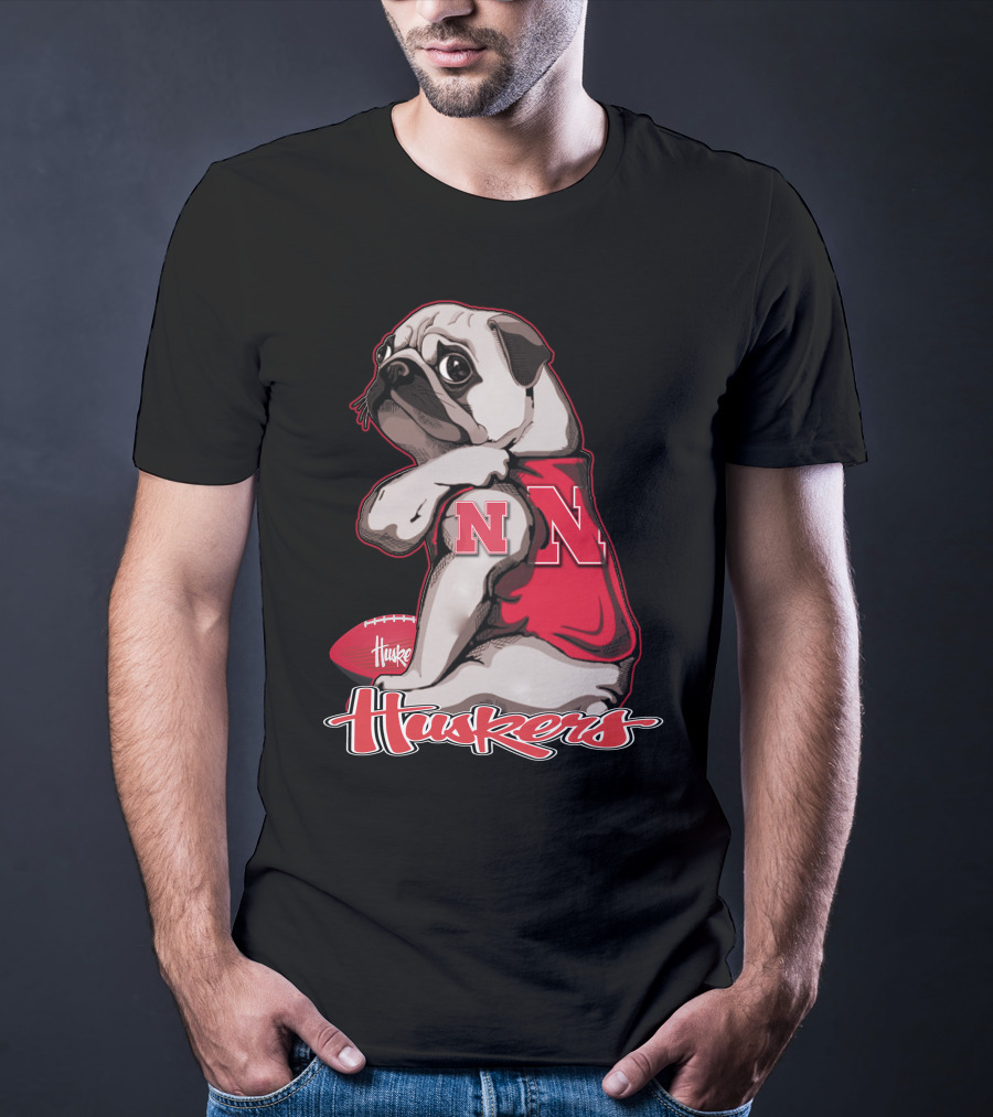 Pug Wearing Nebraska Cornhuskers Shirt And Football Huskers T-Shirt