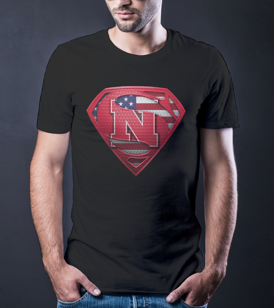 Superman Logo Style Nebraska Cornhuskers With American Flag Theme T-Shirt