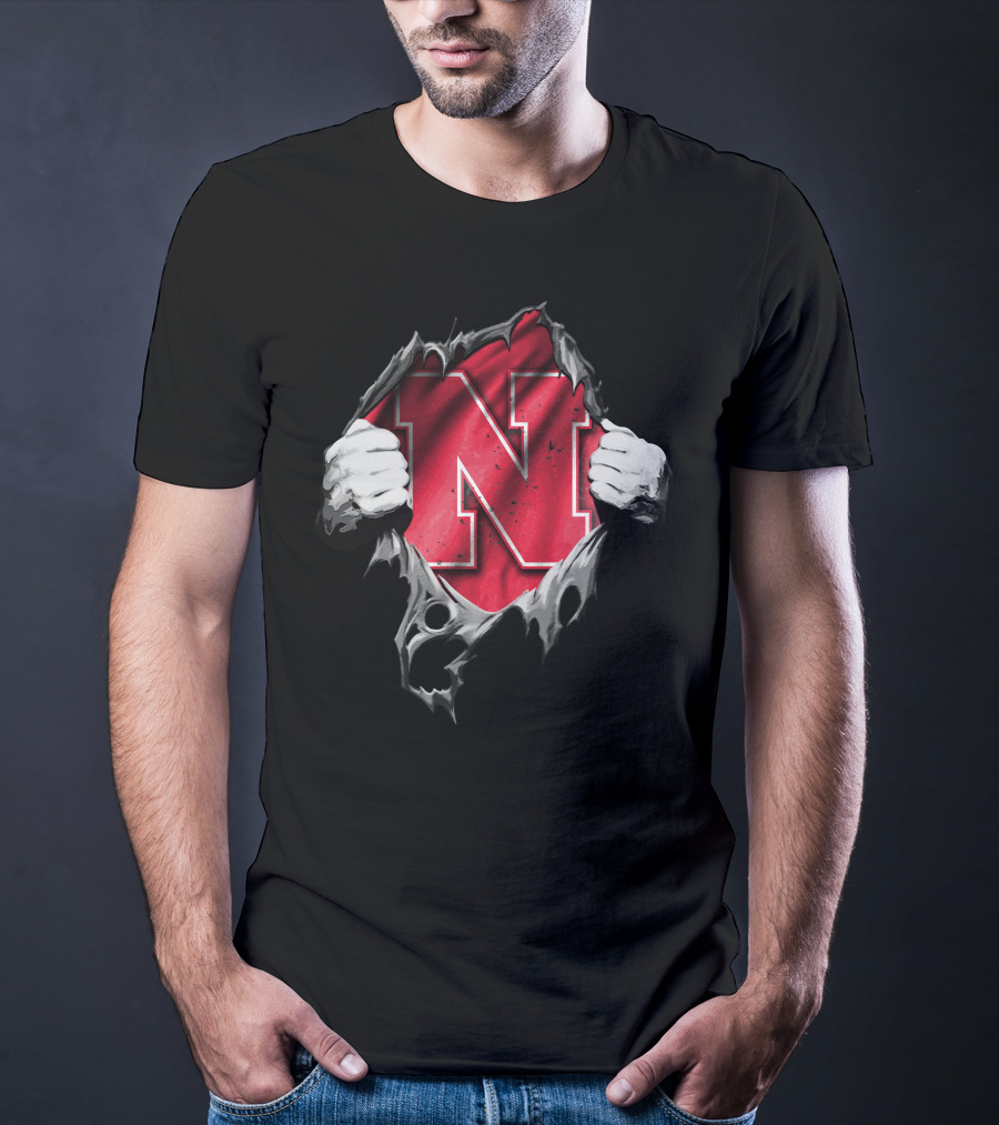 Torn Nebraska Huskers Bold N Emblem Peeking Through Ripped T-Shirt