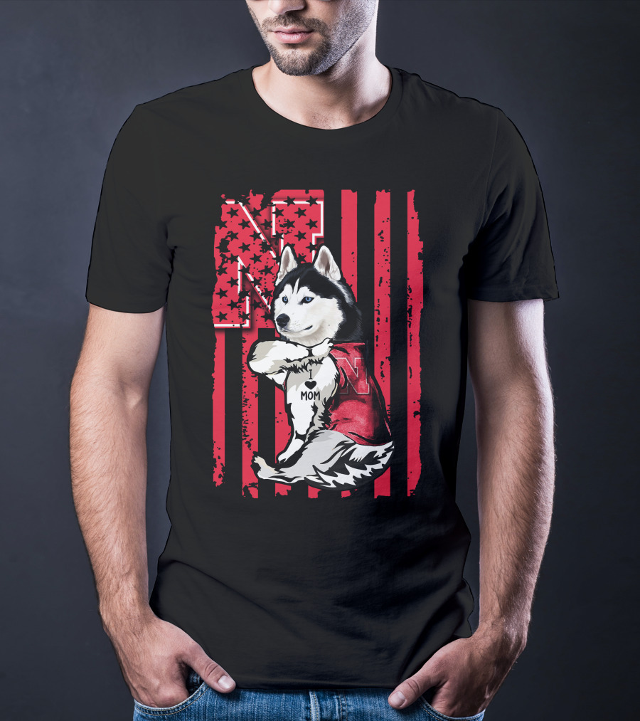 Siberian Husky Nebraska Cornhuskers I Love Mom American Flag T-Shirt