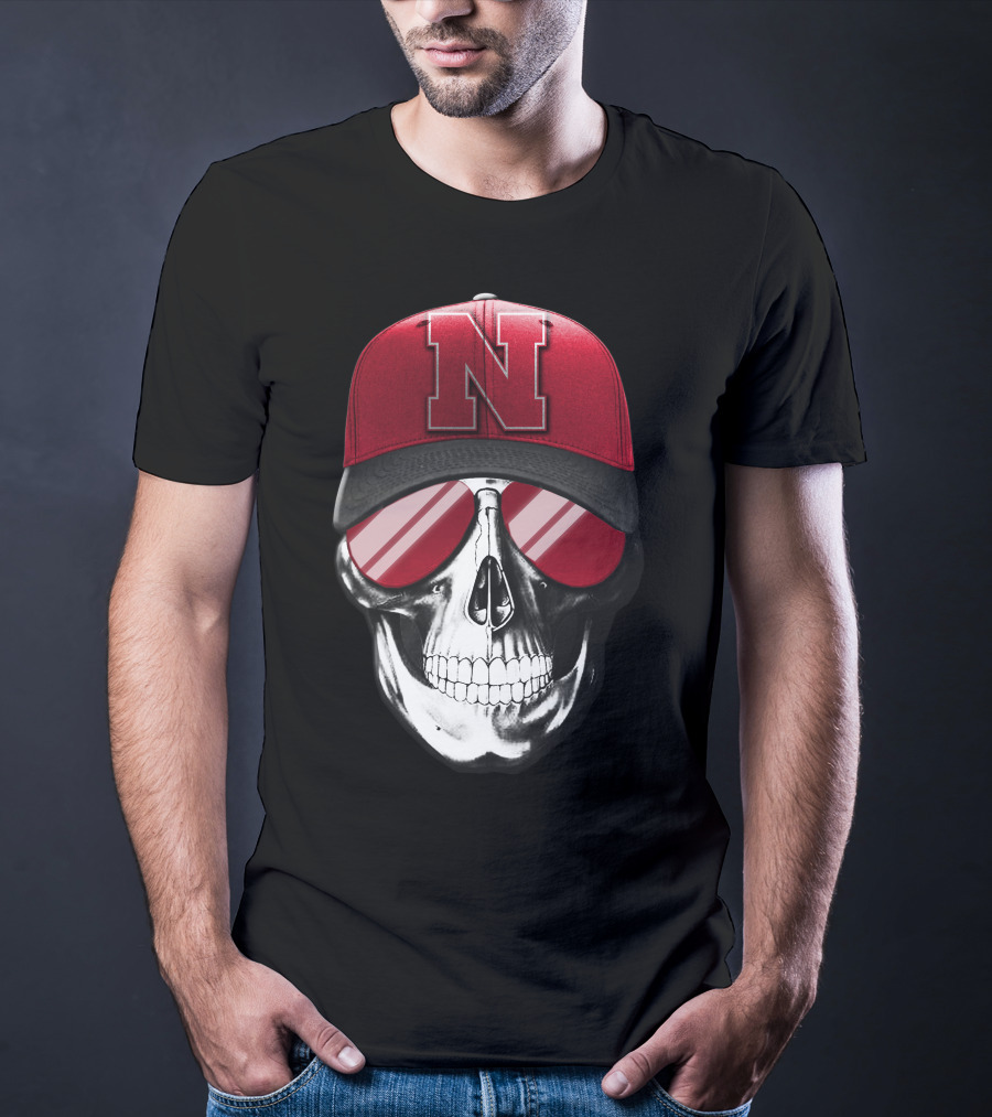 Skull Wearing Nebraska Cornhuskers Red N Cap With Sunglasses T-Shirt