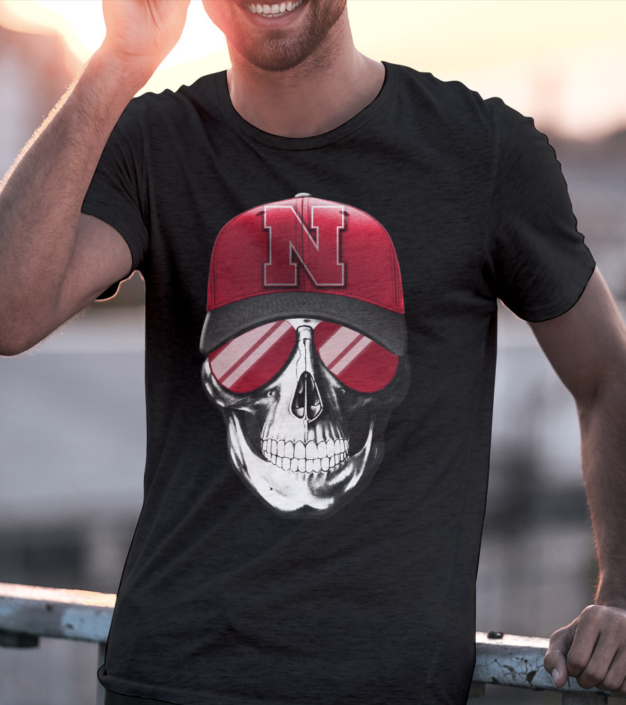 Skull Wearing Nebraska Cornhuskers Red N Cap With Sunglasses T-Shirt
