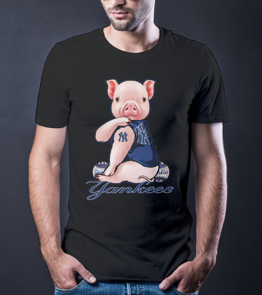 Pig Yankees Baseball Fan With NY Tattoo T-Shirt
