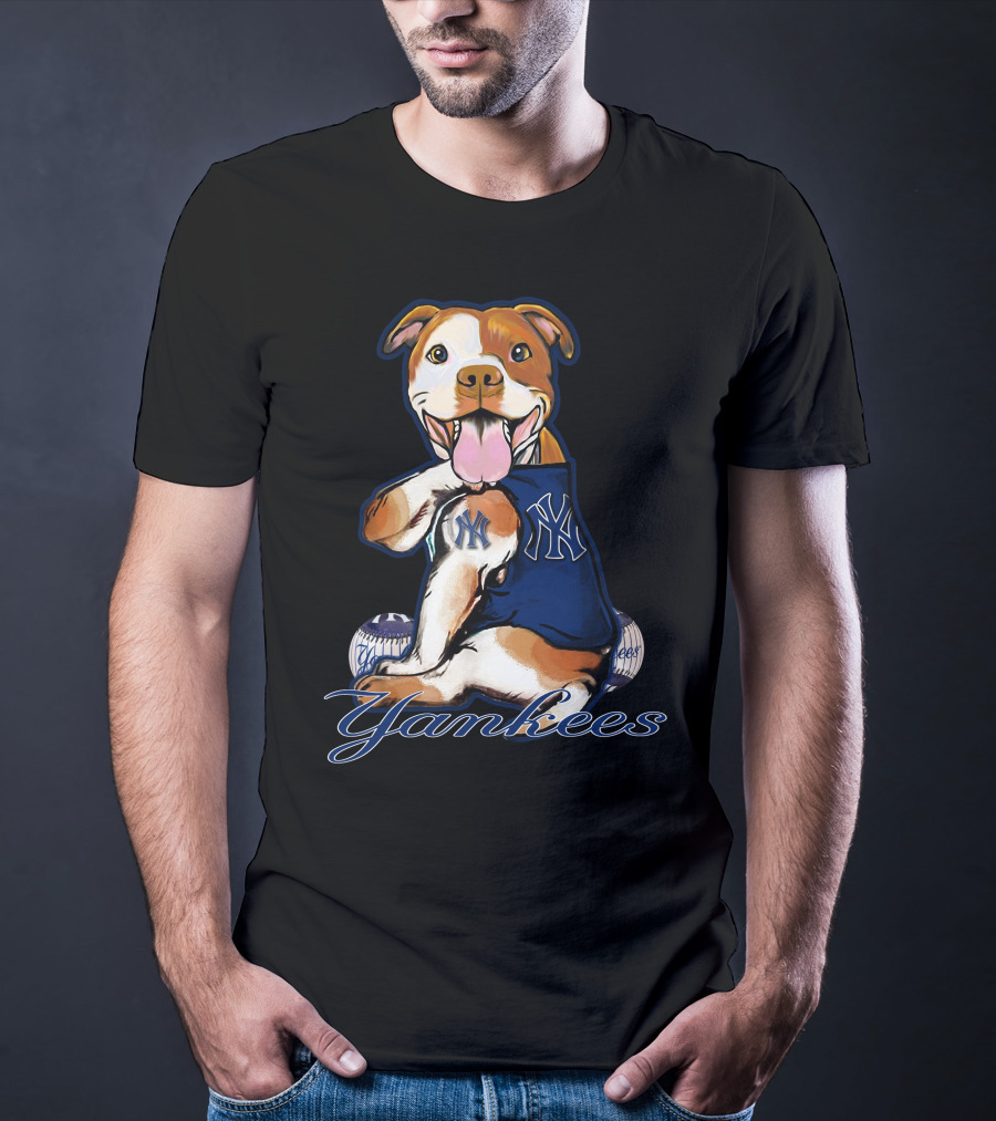Pittbull Yankees Dog With New York Yankees Baseball Elements T-Shirt