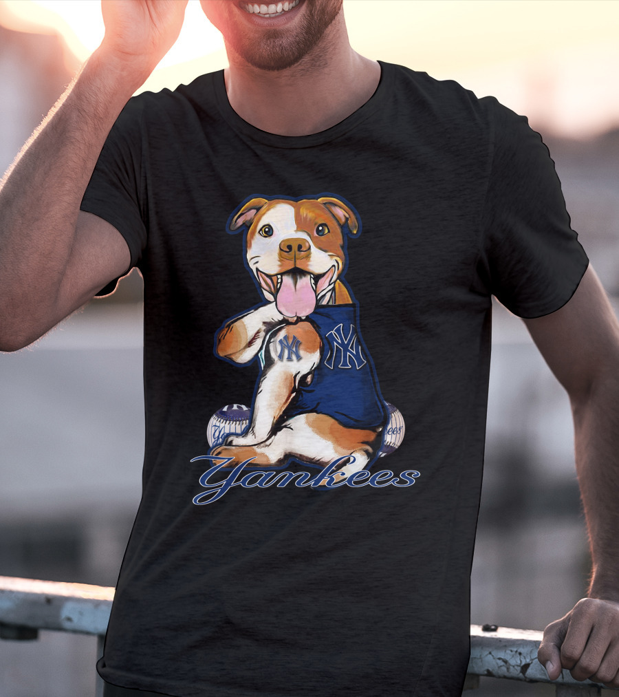 Pittbull Yankees Dog With New York Yankees Baseball Elements T-Shirt