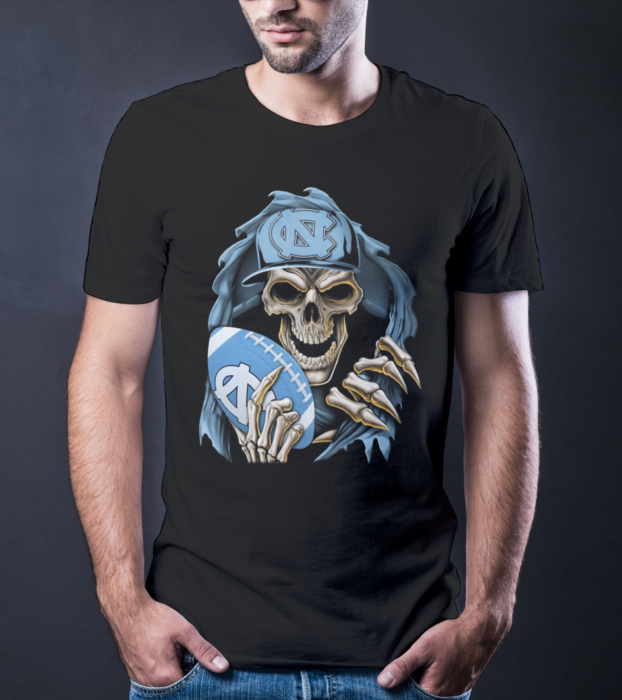 Skullbong North Carolina Tar Heels Skeleton Football Fan With Cap And Ball T-Shirt