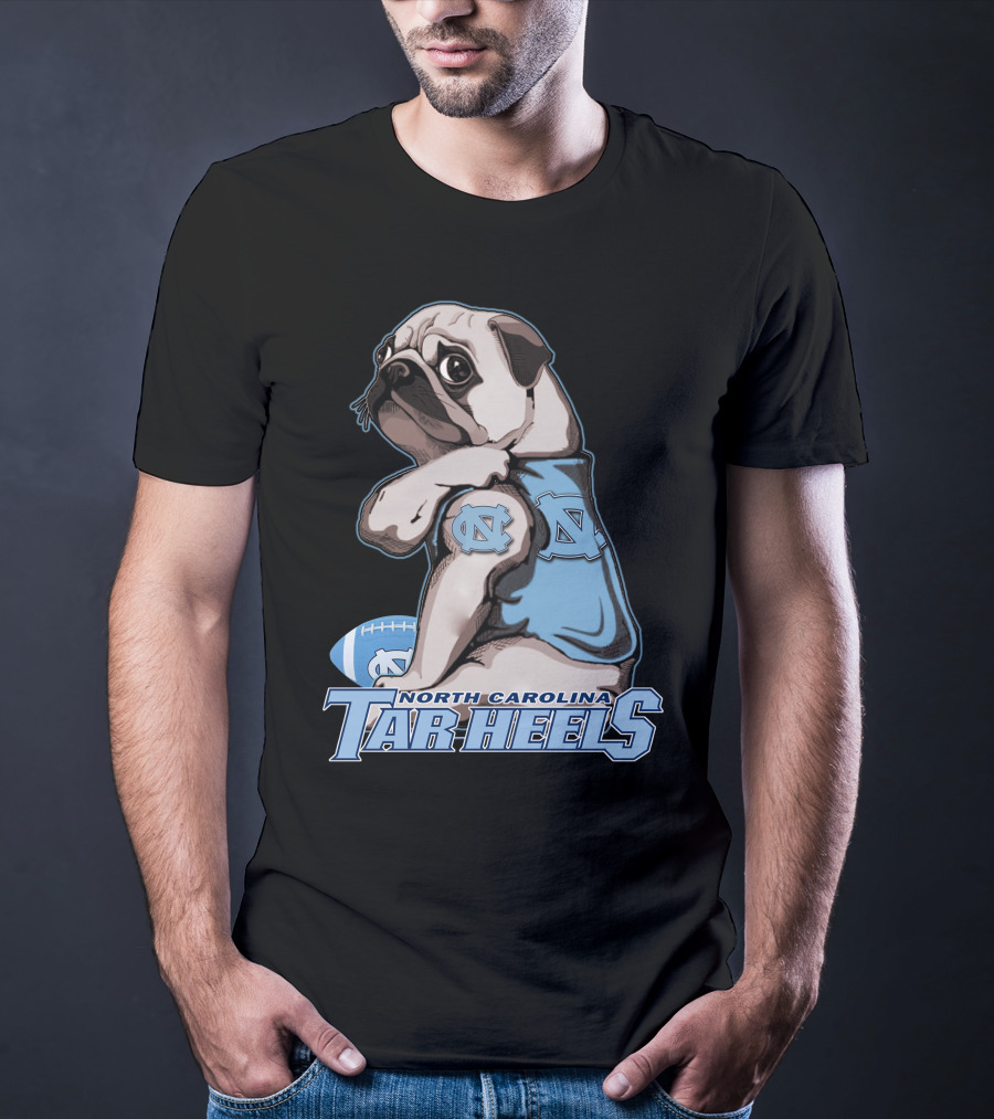Pug Wearing North Carolina Tar Heels Sports Jersey With Football T-Shirt