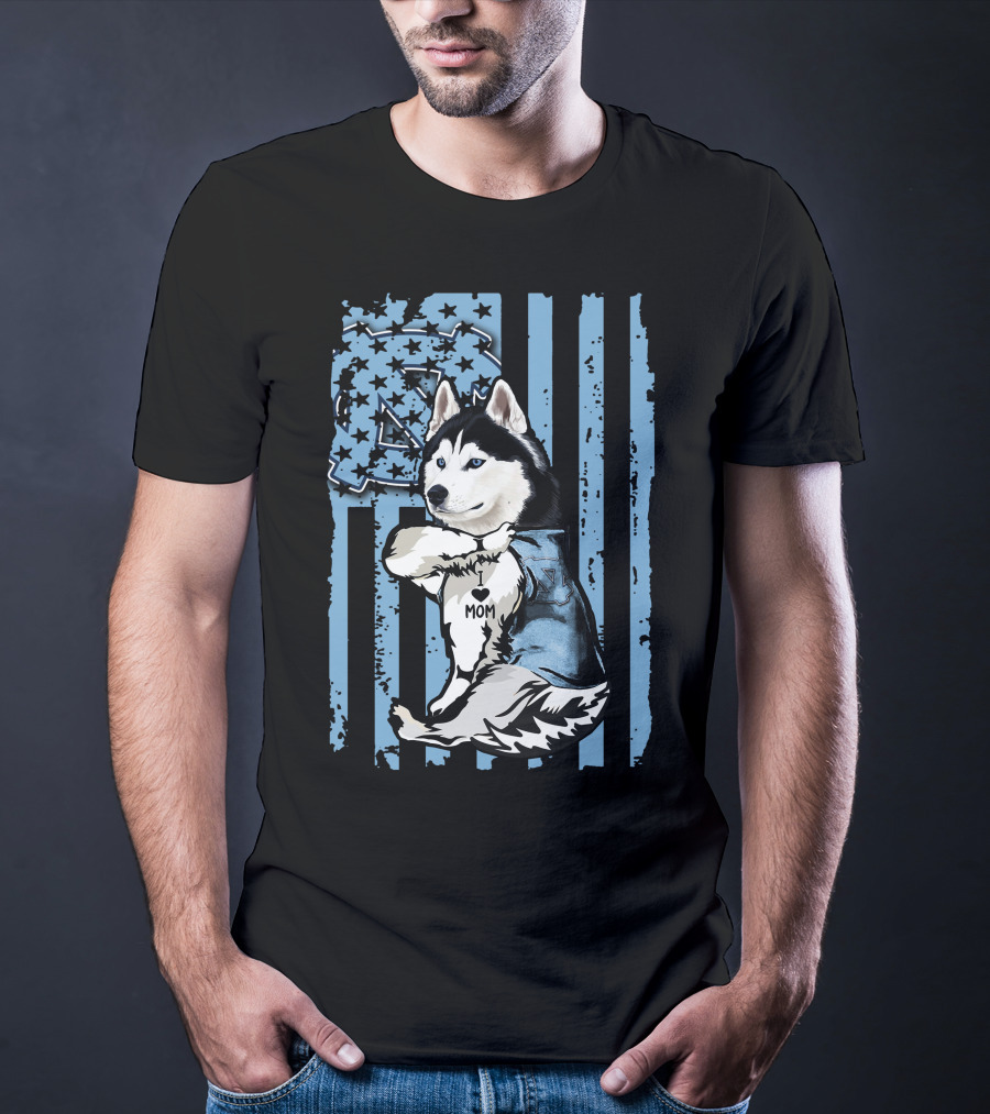 Siberian Husky UNC Tar Heels Mom Stripes T-Shirt