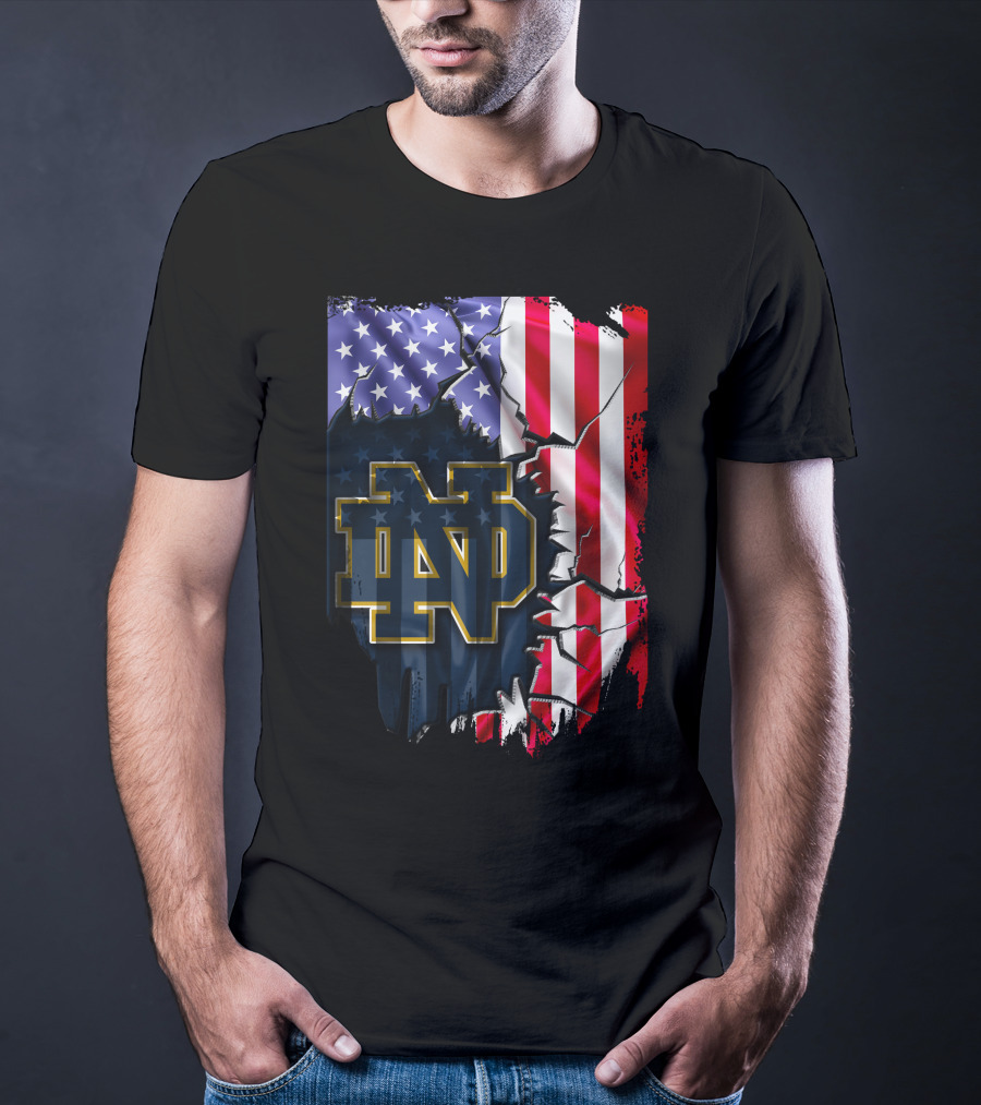 American Flag With Notre Dame ND Monogram Fighting Irish T-Shirt