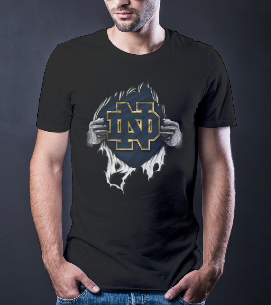Torn Notre Dame Fighting Irish ND Logo Peeking Through Ripped Fabric With Hands T-Shirt