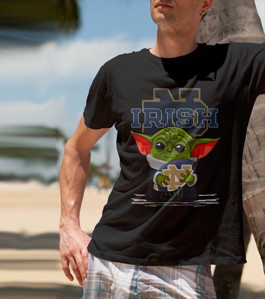 Yoda Notre Dame Irish Baby Holding Notre Dame Football T-Shirt