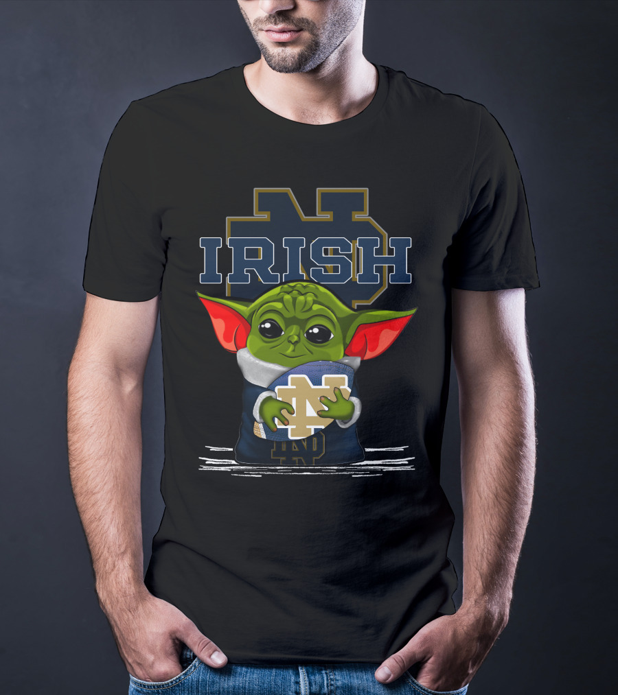 Yoda Notre Dame Irish Baby Holding Notre Dame Football T-Shirt