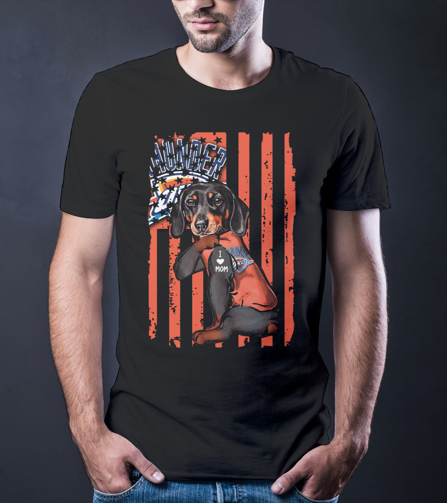Dachshund Wearing Oklahoma City Thunder Shirt With I Love Mom Tag T-Shirt
