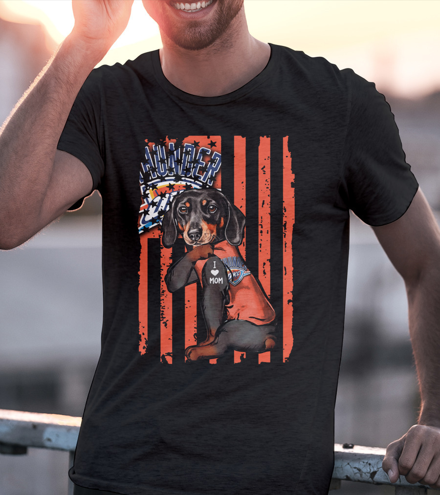 Dachshund Wearing Oklahoma City Thunder Shirt With I Love Mom Tag T-Shirt