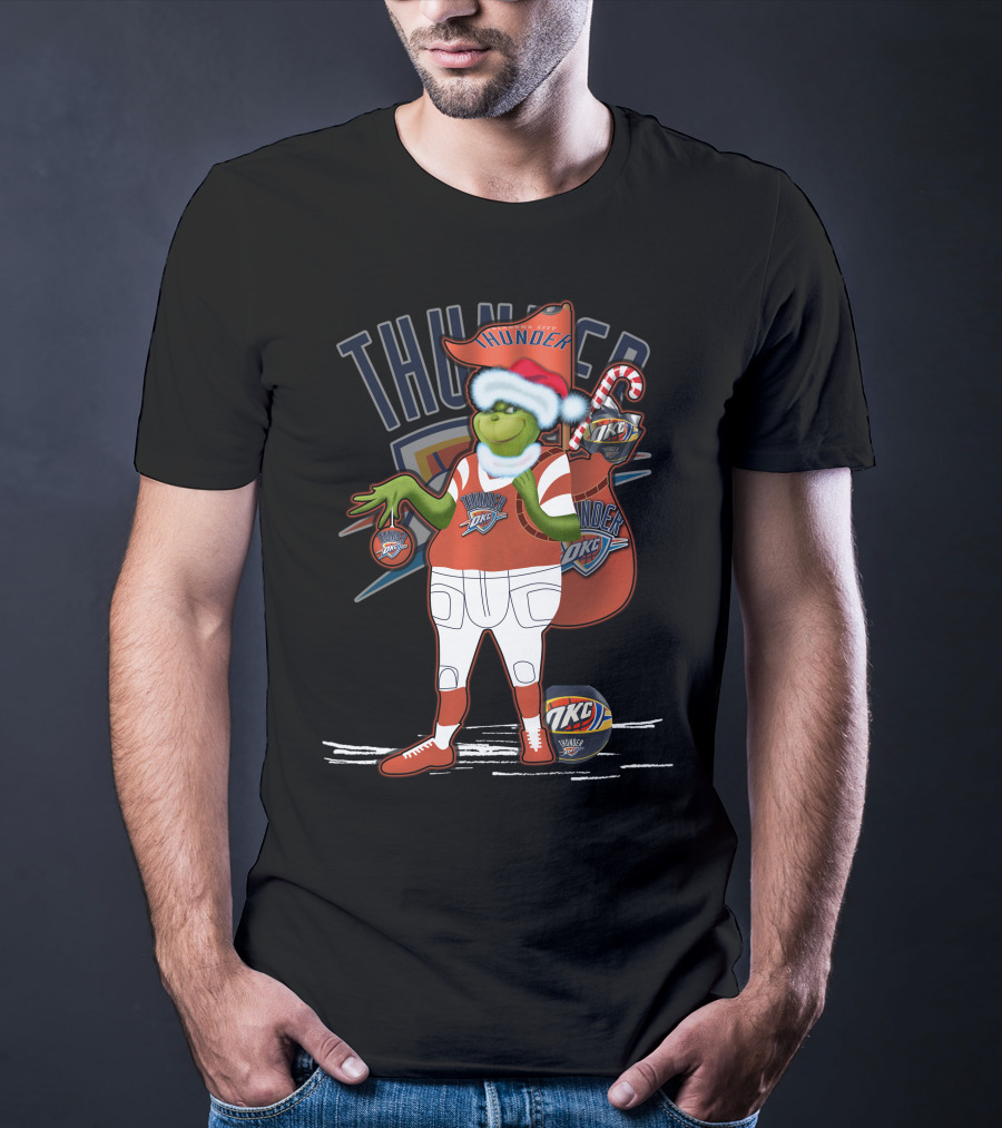 Grinchxmas Oklahoma City Thunder Holiday Basketball Character With Candy Cane And Santa Hat T-Shirt