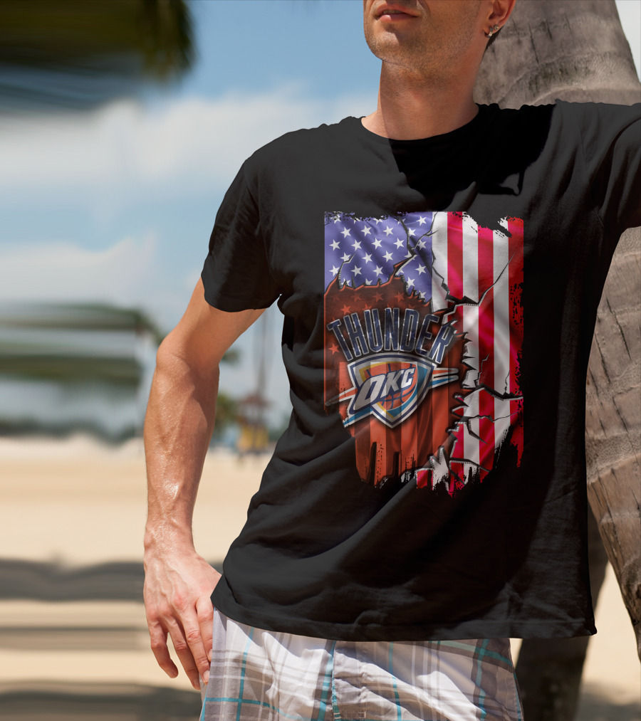 USA Flag Rip With Oklahoma City Thunder OKC Basketball T-Shirt