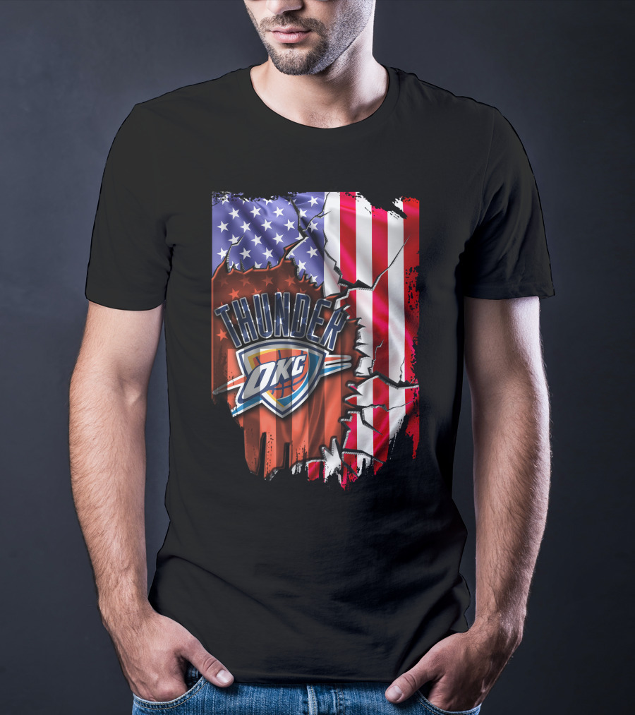 USA Flag Rip With Oklahoma City Thunder OKC Basketball T-Shirt