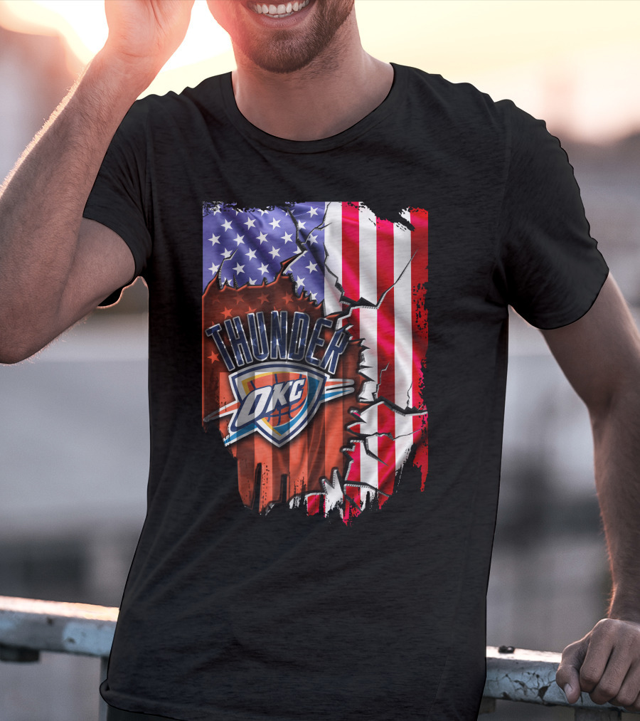 USA Flag Rip With Oklahoma City Thunder OKC Basketball T-Shirt