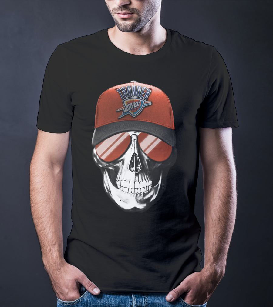 Skull With Oklahoma City Thunder Cap And Sunglasses T-Shirt