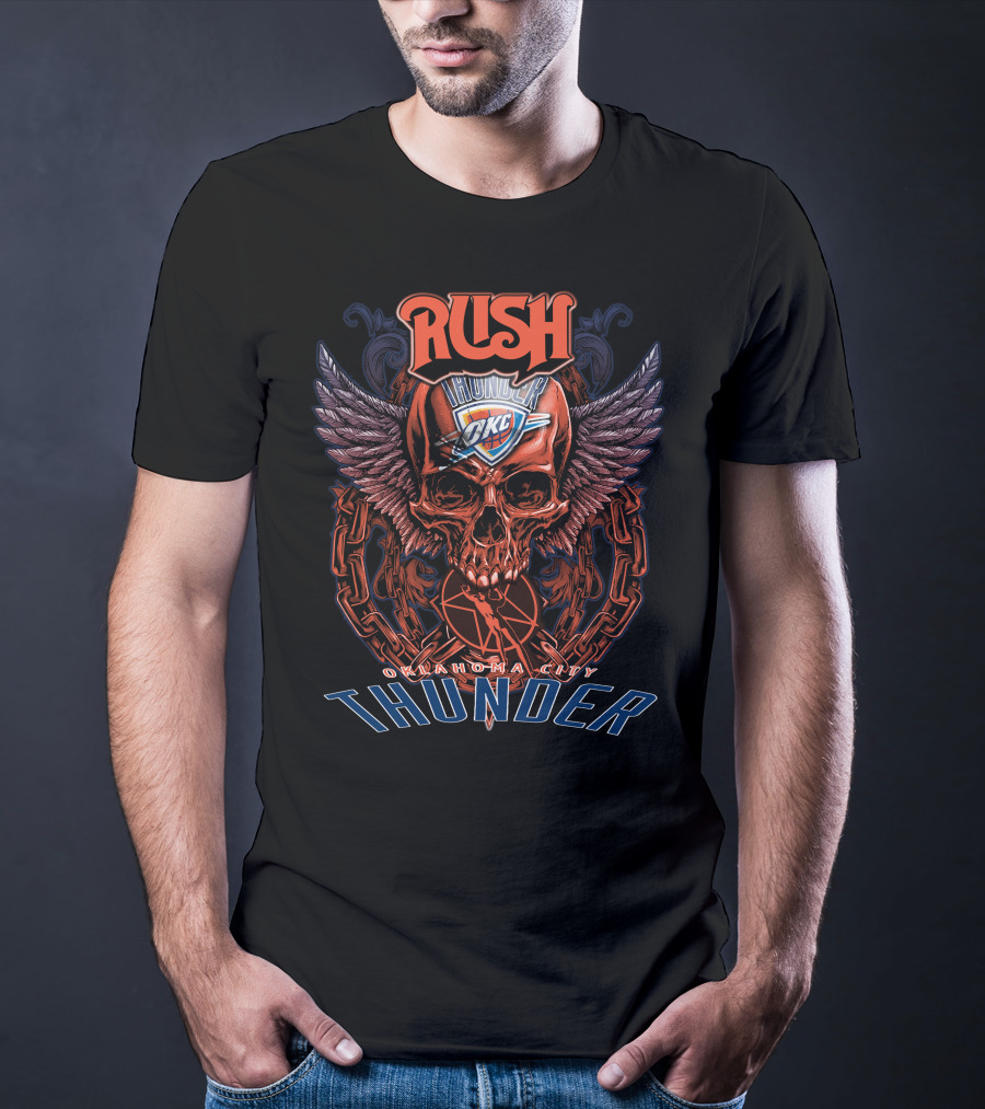 Rush Oklahoma City Thunder OKC Basketball Skull Wings Chain T-Shirt