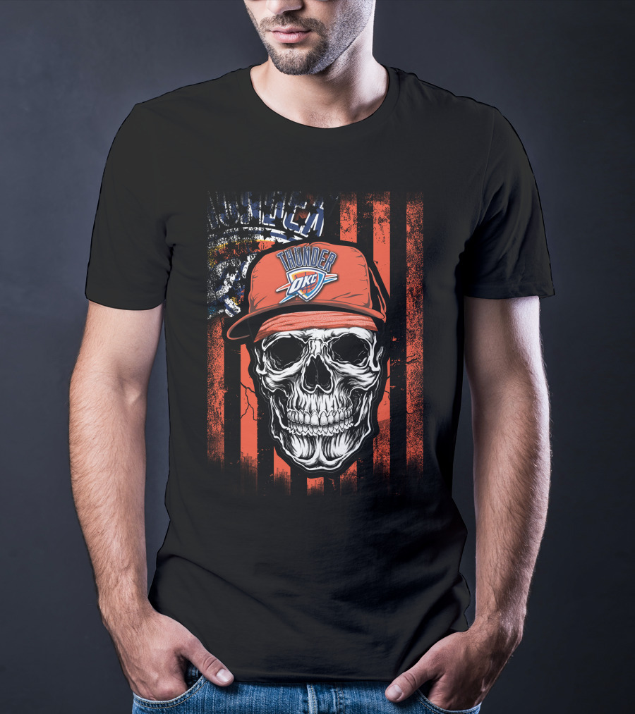 Skull Wearing Oklahoma City Thunder Cap With OKC Logo On T-Shirt