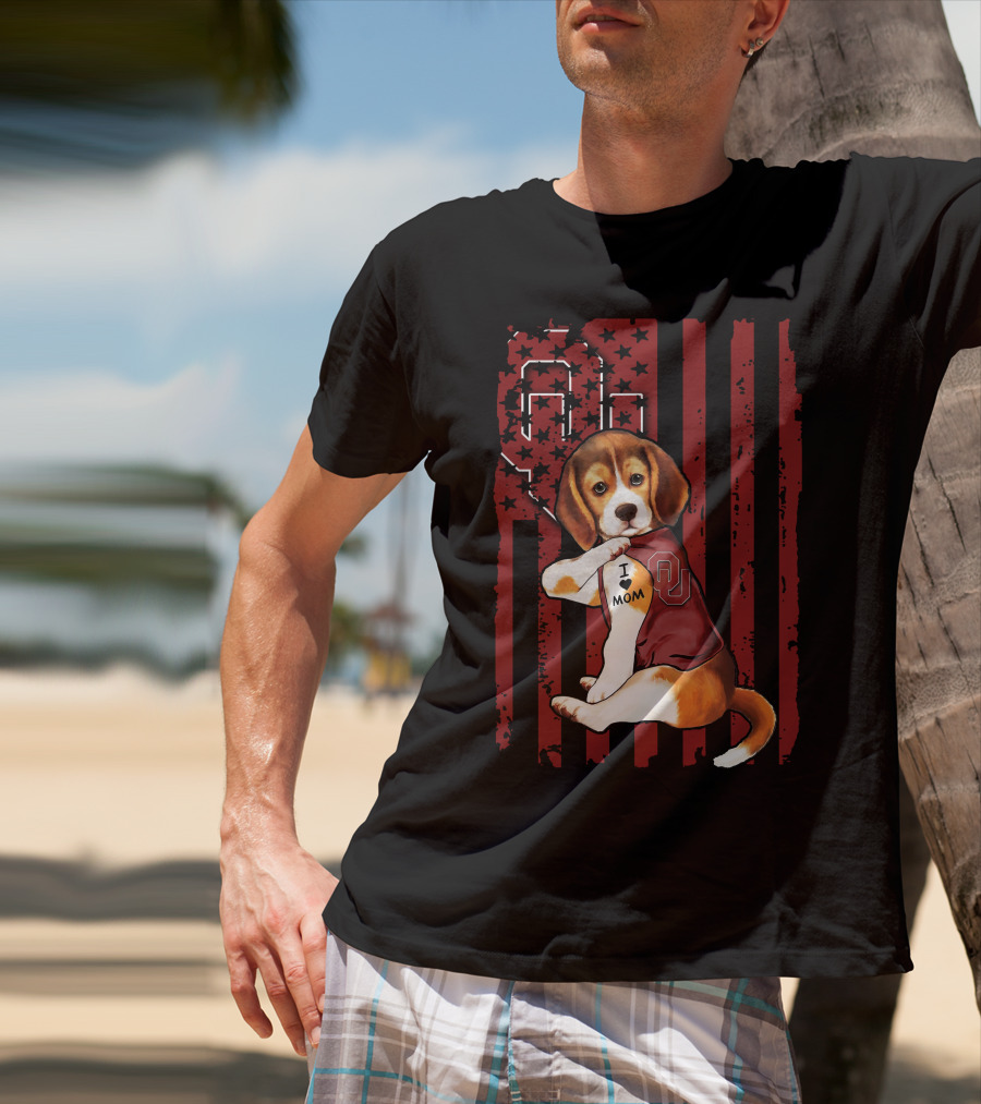 Beagle Puppy I Love Mom Oklahoma Sooners OU Red Stripes Stars T-Shirt