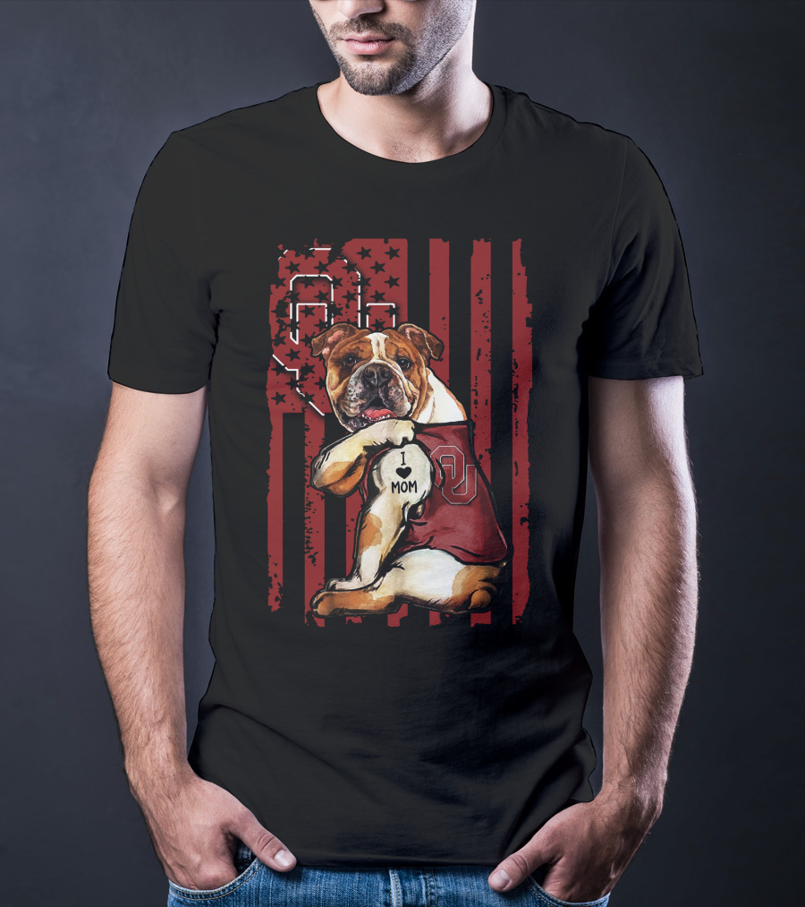 Bulldog With Oklahoma Sooners Love For Mom In American Flag T-Shirt