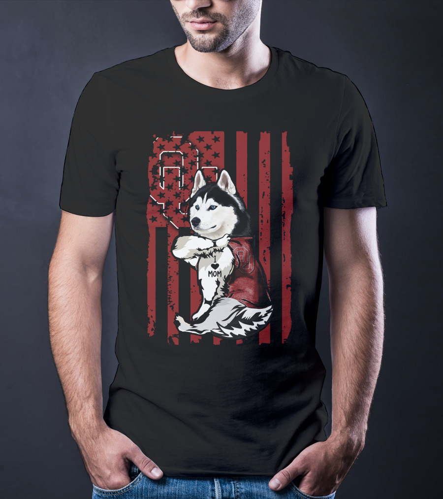 Siberian Husky Oklahoma Sooners Mom With American Flag And OU T-Shirt
