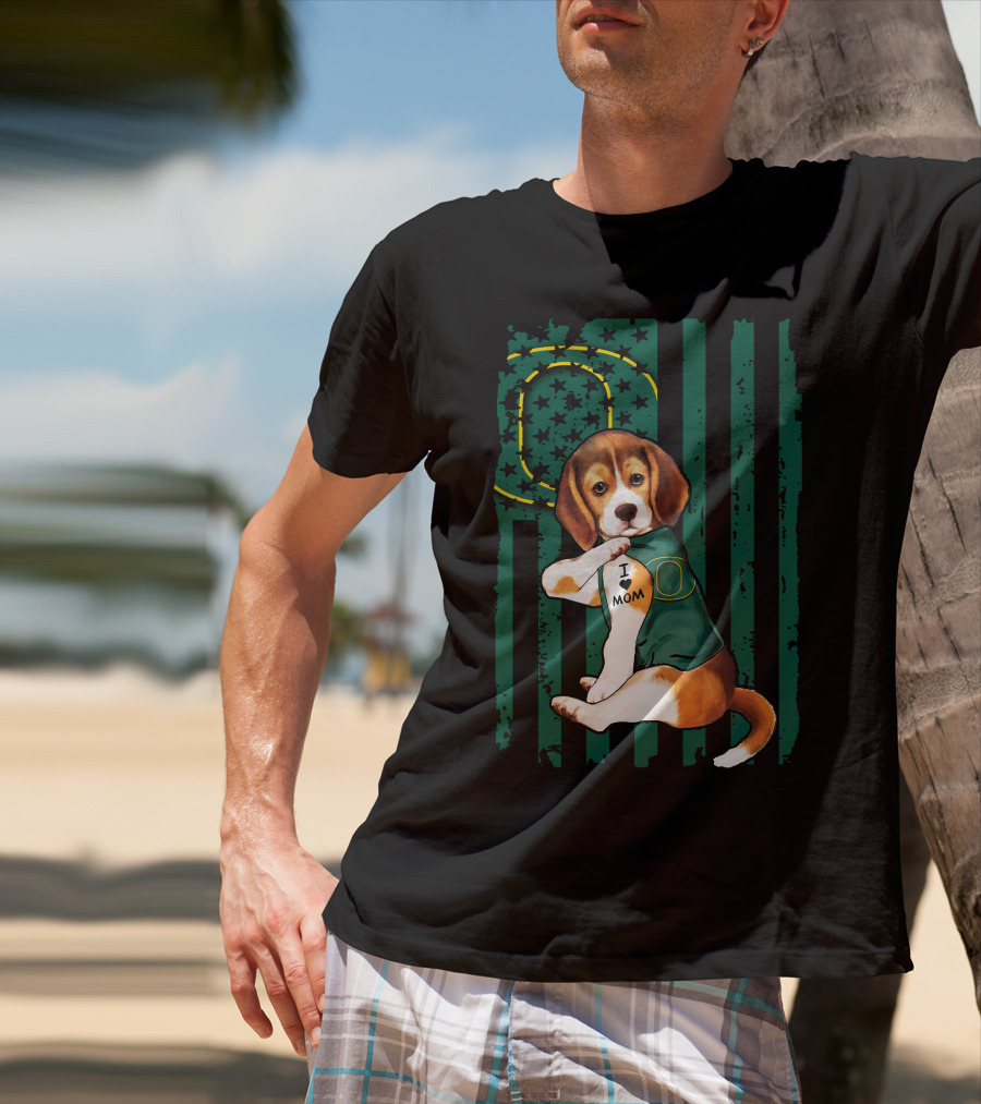Beagle I Love Mom Oregon Ducks American Flag T-Shirt