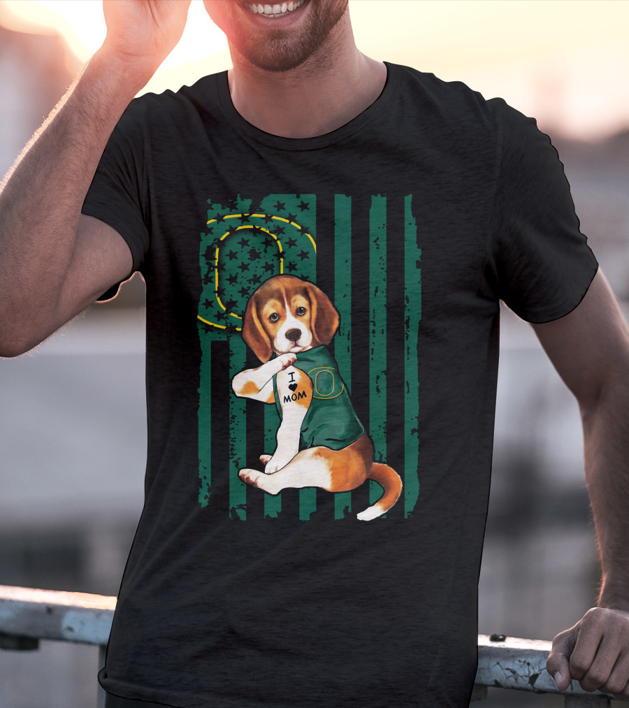 Beagle I Love Mom Oregon Ducks American Flag T-Shirt