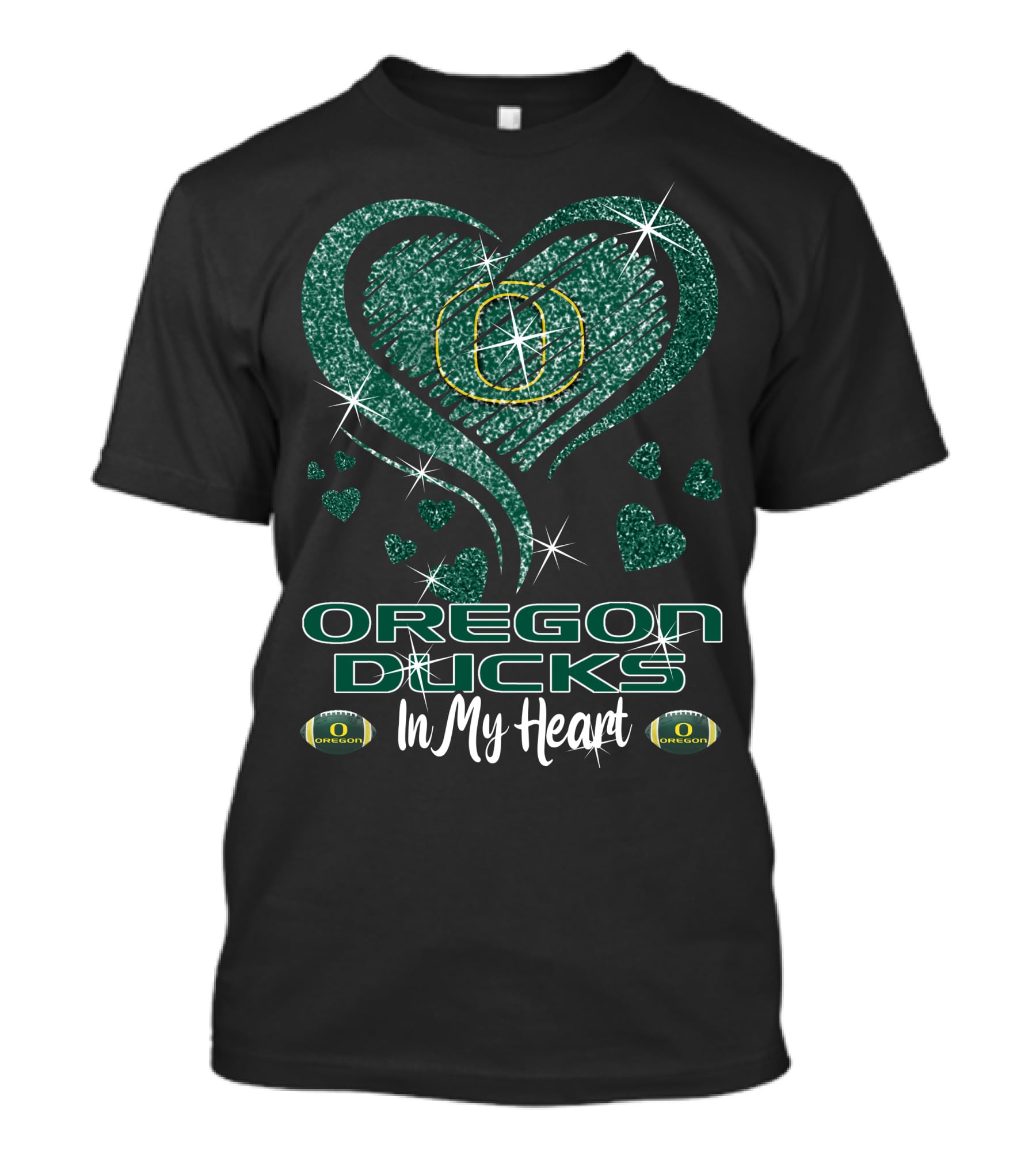 Oregon Ducks In My Heart Sparkling Green Hearts And Footballs T-Shirt