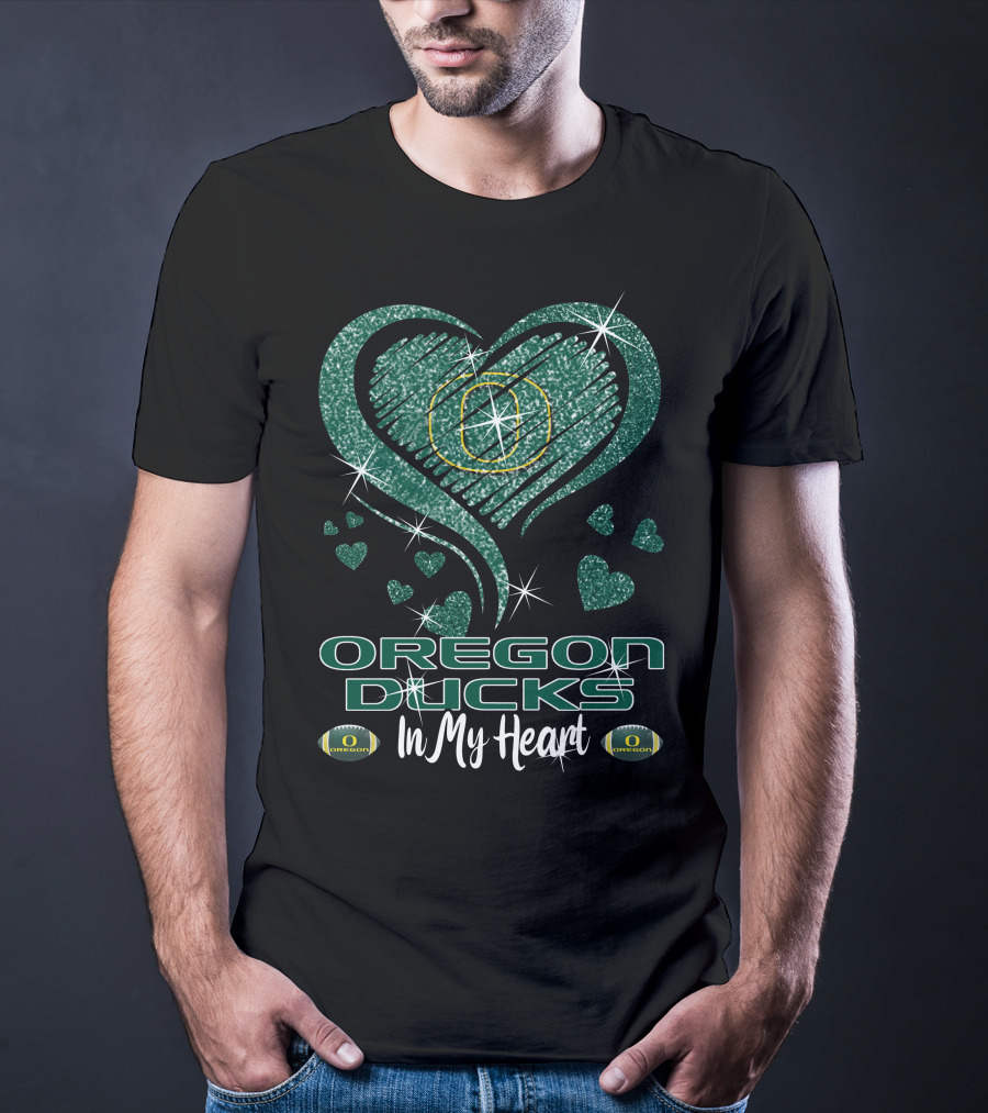 Oregon Ducks In My Heart Sparkling Green Hearts And Footballs T-Shirt