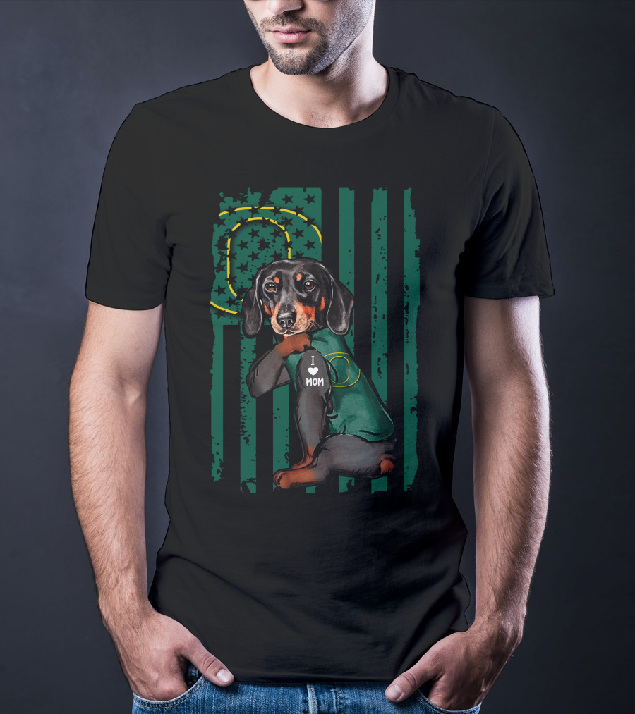 Dachshund I Love Mom Oregon Ducks American Flag T-Shirt