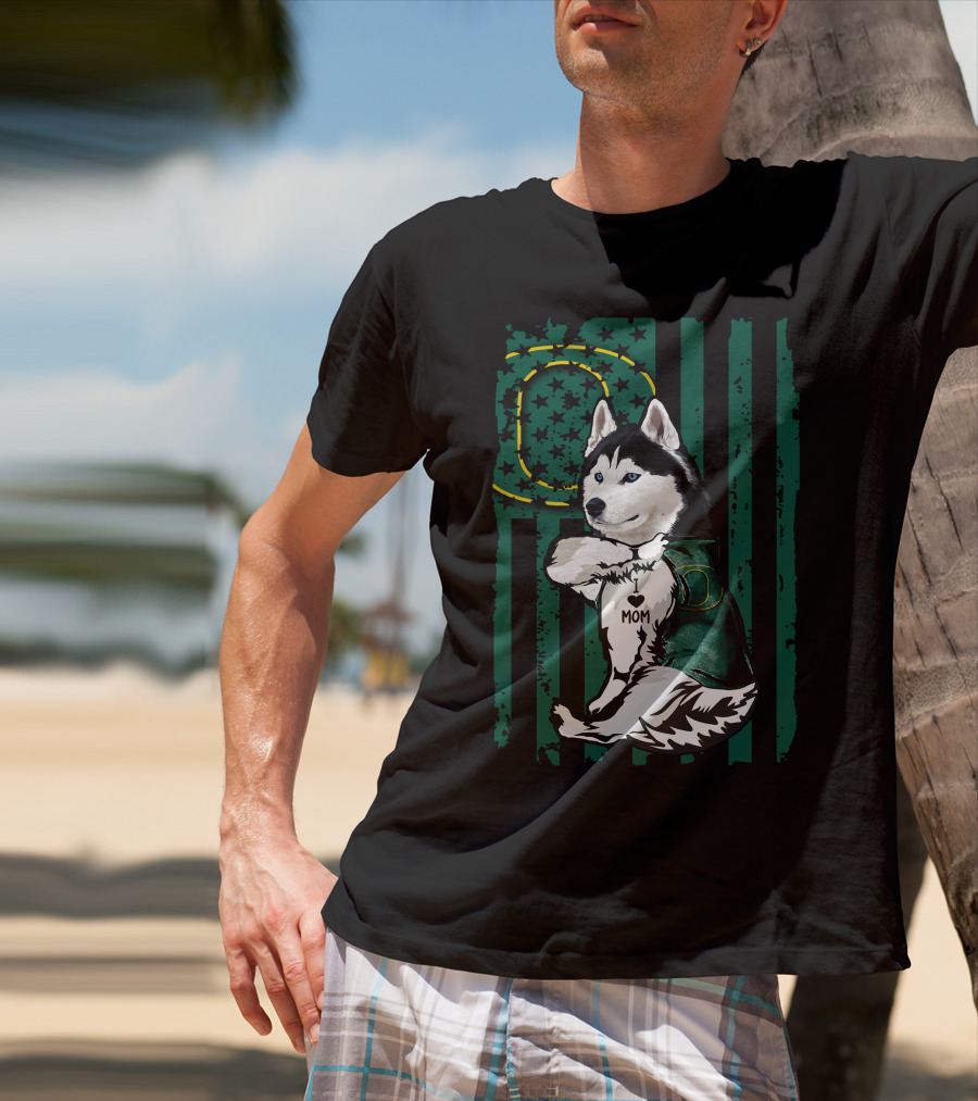 Siberian Husky Oregon Ducks I Love Mom Flag And Stars T-Shirt