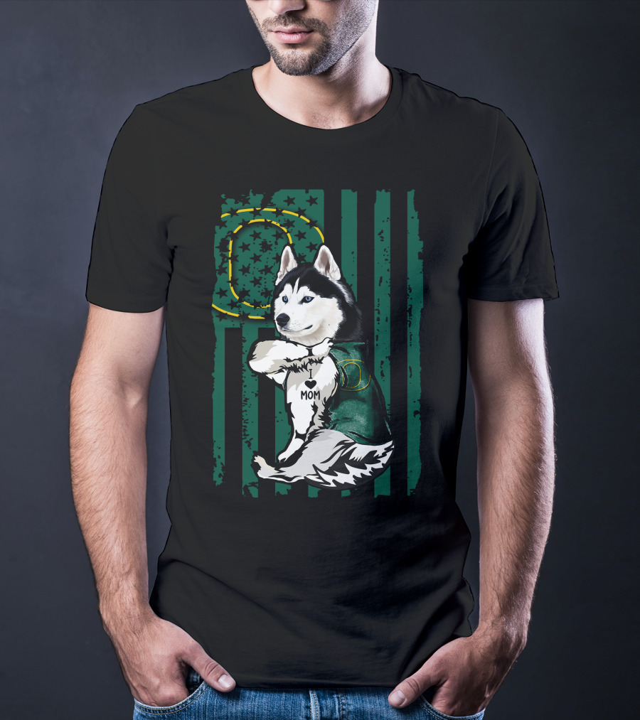 Siberian Husky Oregon Ducks I Love Mom Flag And Stars T-Shirt