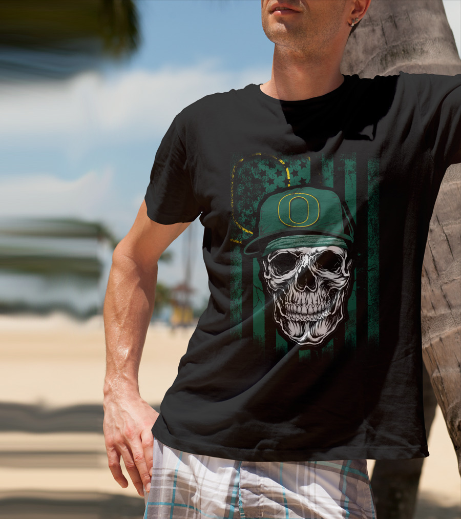 Skull With Oregon Ducks Cap On Green T-Shirt