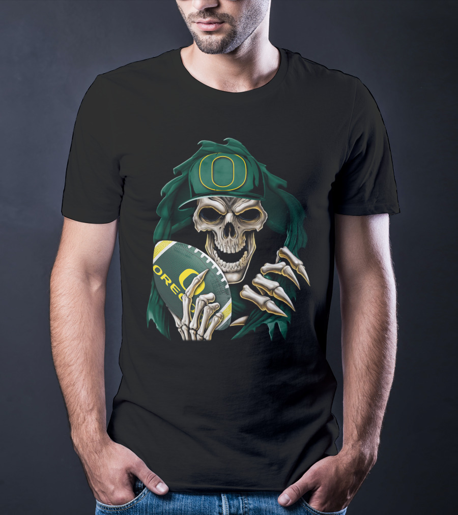 Skullbong Oregon Ducks Skeleton Holding Football T-Shirt