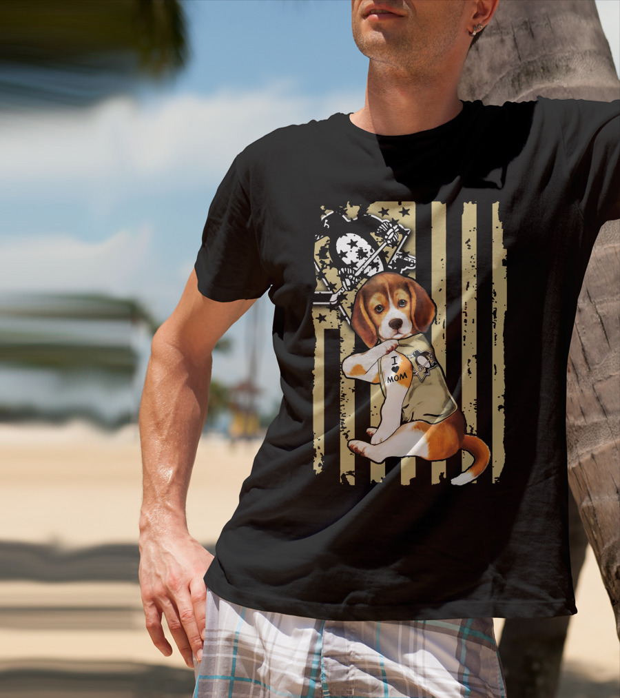Beagle I Love Mom Pittsburgh Penguins American Flag T-Shirt