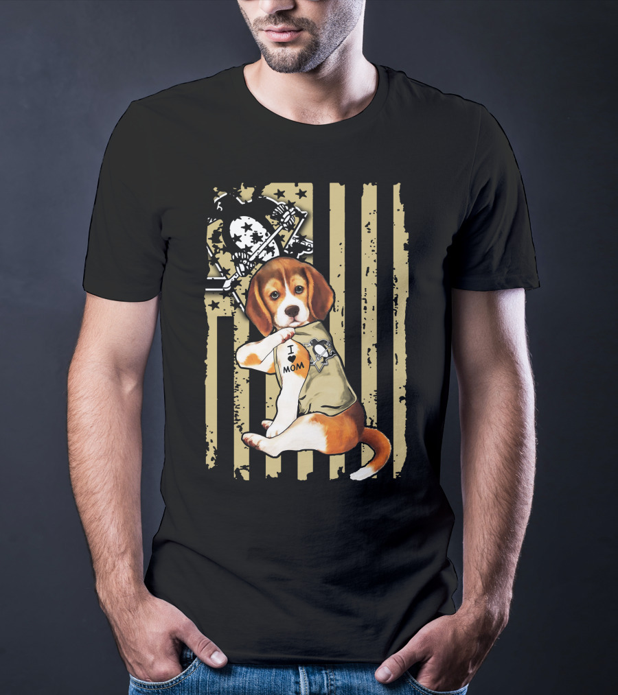 Beagle I Love Mom Pittsburgh Penguins American Flag T-Shirt