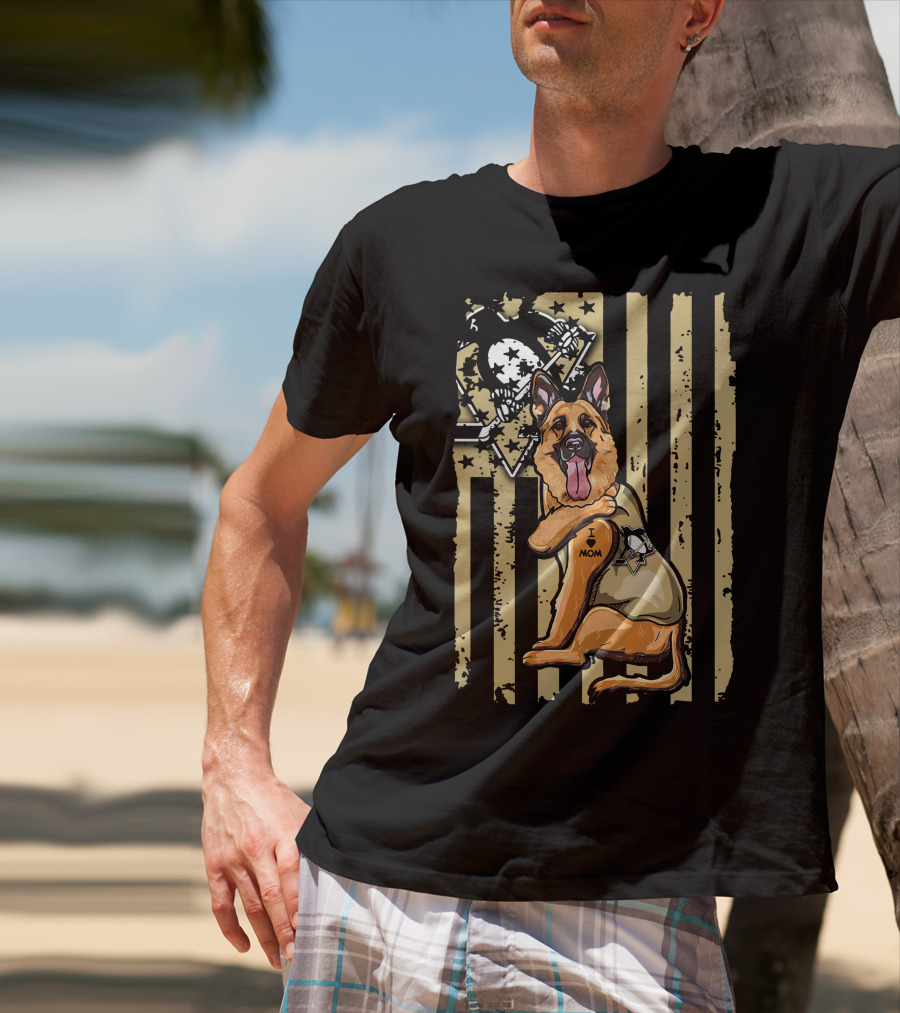 German Shepherd I Love Mom Pittsburgh Penguins Flag T-Shirt