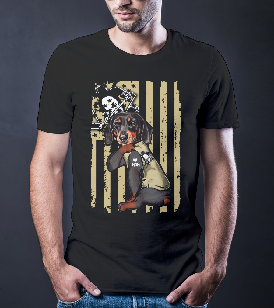 Pittsburgh Penguins Dachshund I Love Mom American Flag T-Shirt
