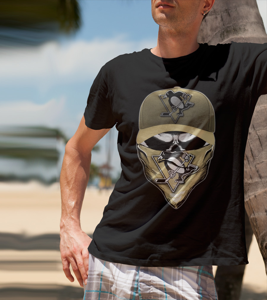 Skull With Pittsburgh Penguins Logo Hat And Bandana T-Shirt