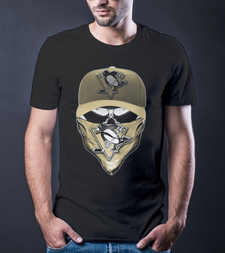 Skull With Pittsburgh Penguins Logo Hat And Bandana T-Shirt