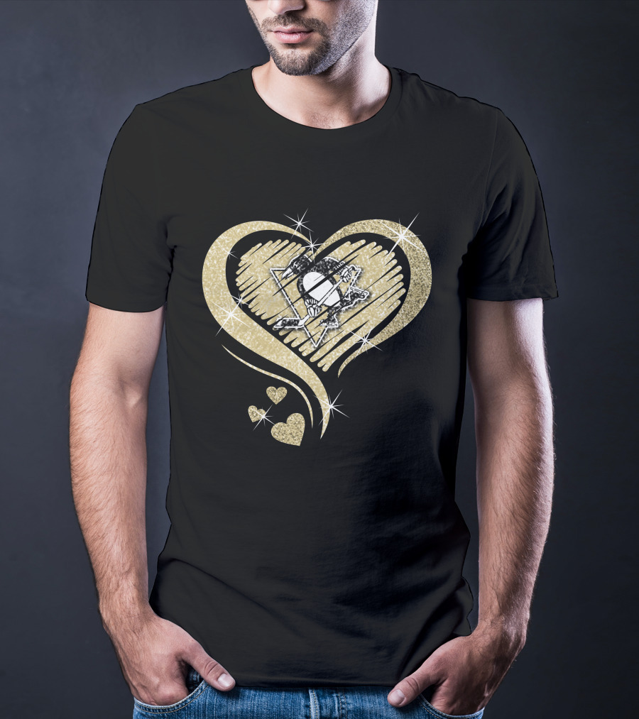 Heart Diamond Pittsburgh Penguins Logo Gold Sparkle T-Shirt