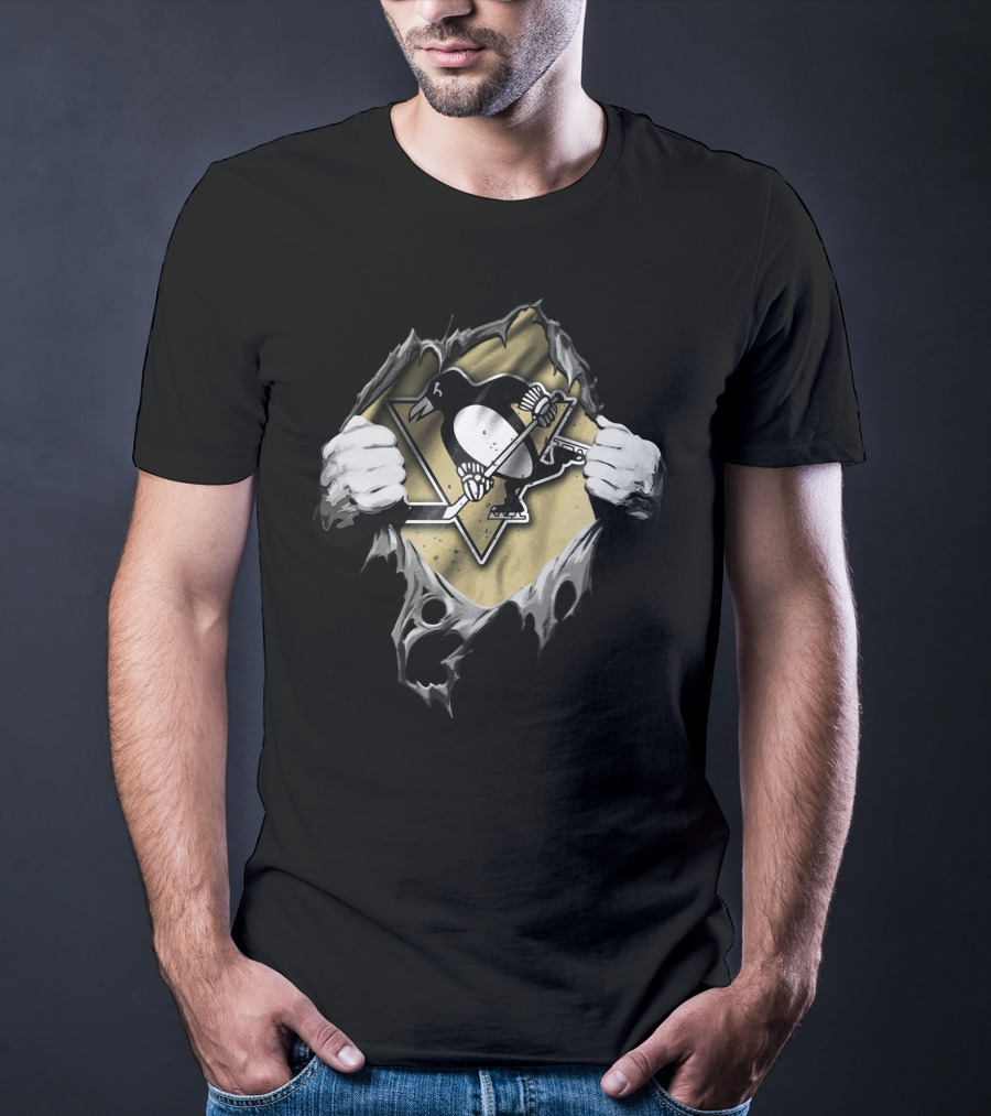 Pittsburgh Penguins Torn Hockey Logo With Ripped Hands T-Shirt