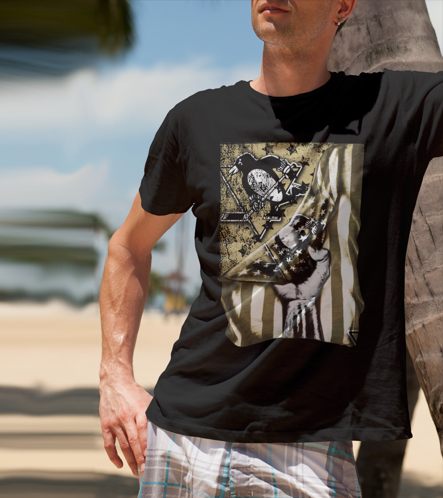 Pittsburgh Penguins Logo With American Flag And Raised Fist T-Shirt