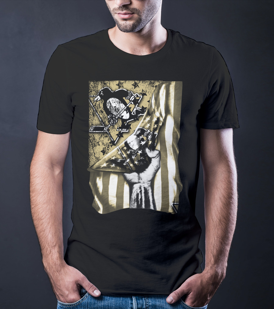 Pittsburgh Penguins Logo With American Flag And Raised Fist T-Shirt