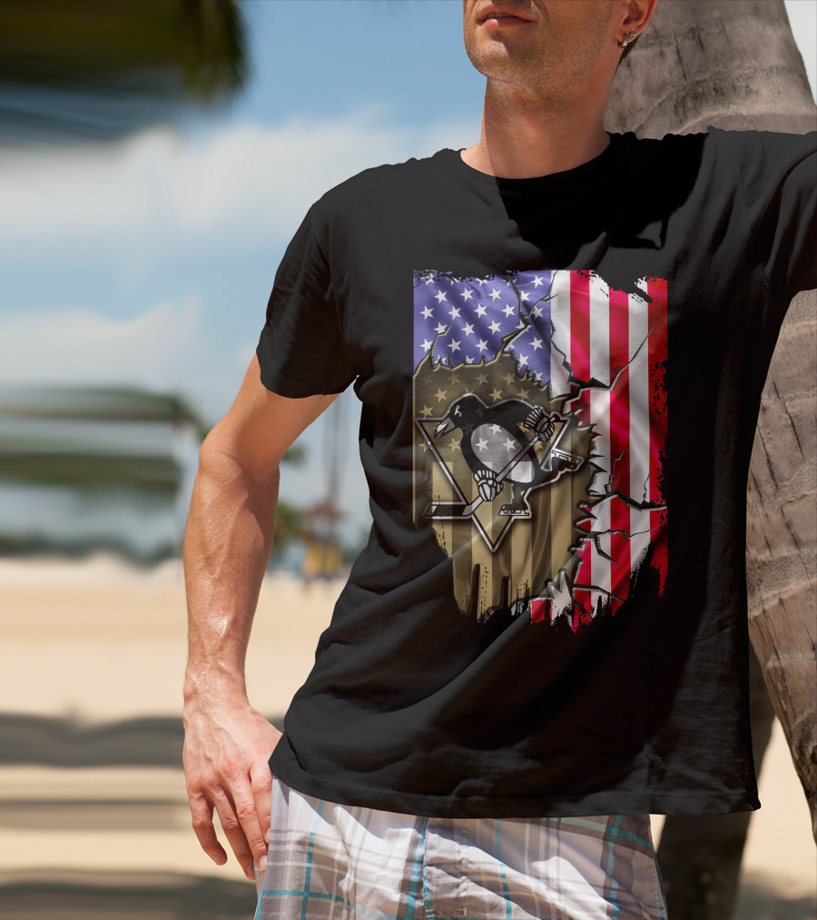 Pittsburgh Penguins American Flag Ripped Background T-Shirt