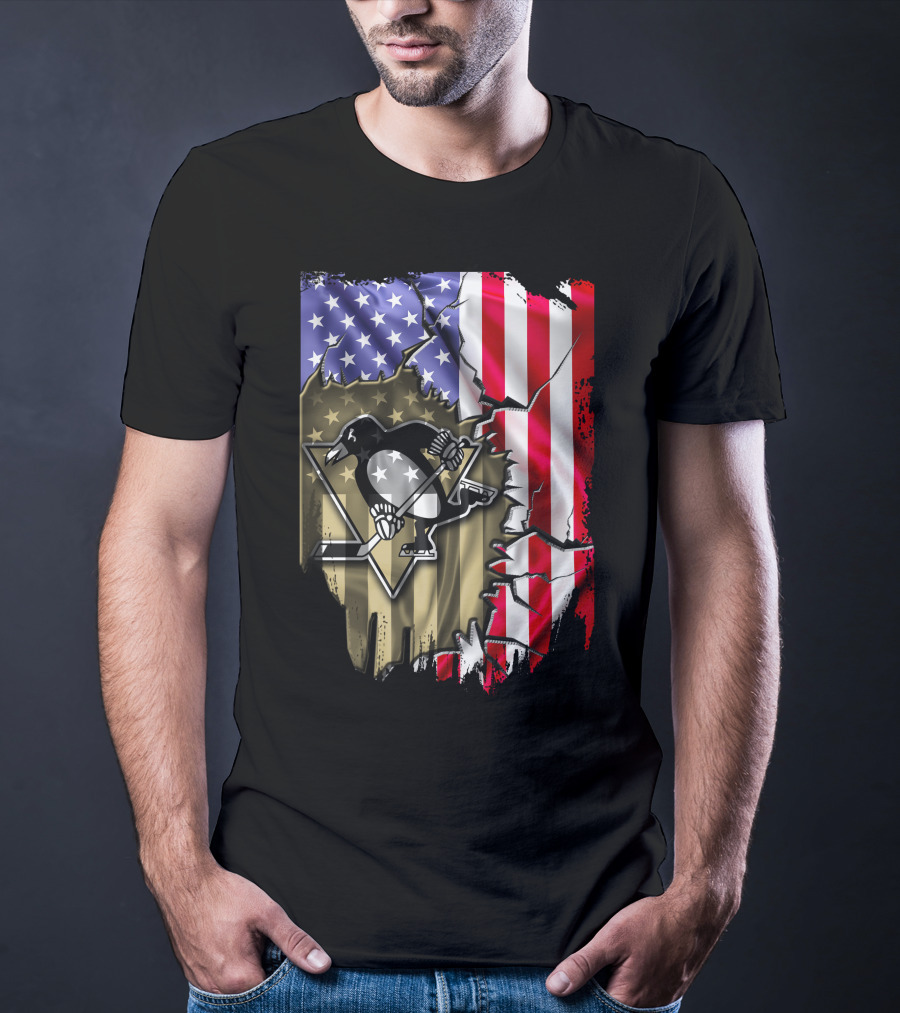 Pittsburgh Penguins American Flag Ripped Background T-Shirt