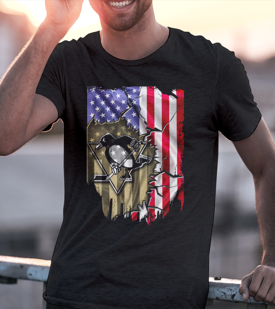 Pittsburgh Penguins American Flag Ripped Background T-Shirt